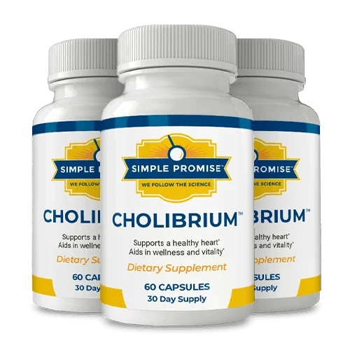 Cholibrium supplement bottle — 10-mushroom heart health formula by Simple Promise